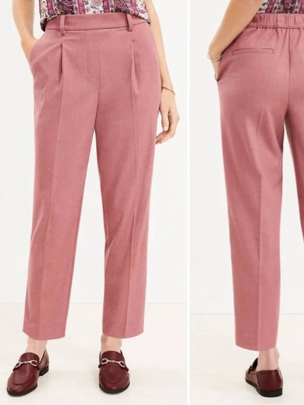 NWT LOFT Pink Brushed Flannel Pull On Tapered Ankle Pants